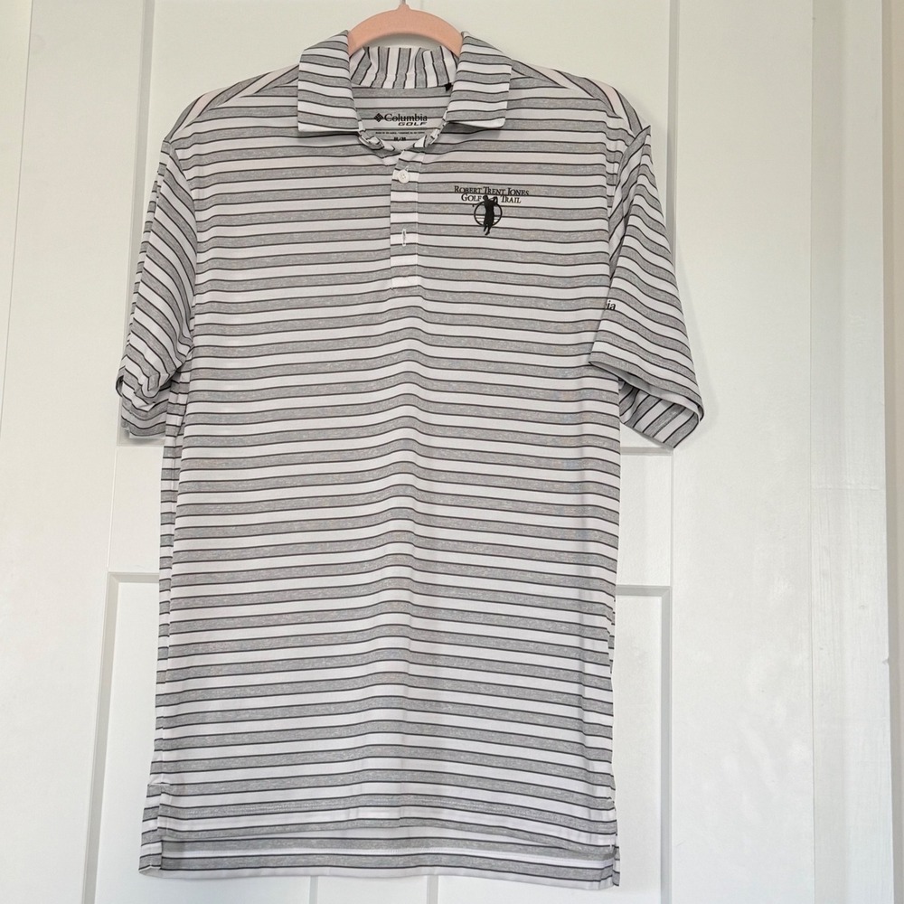 Columbia White and Gray Striped Performance Polo-RTJ Trail